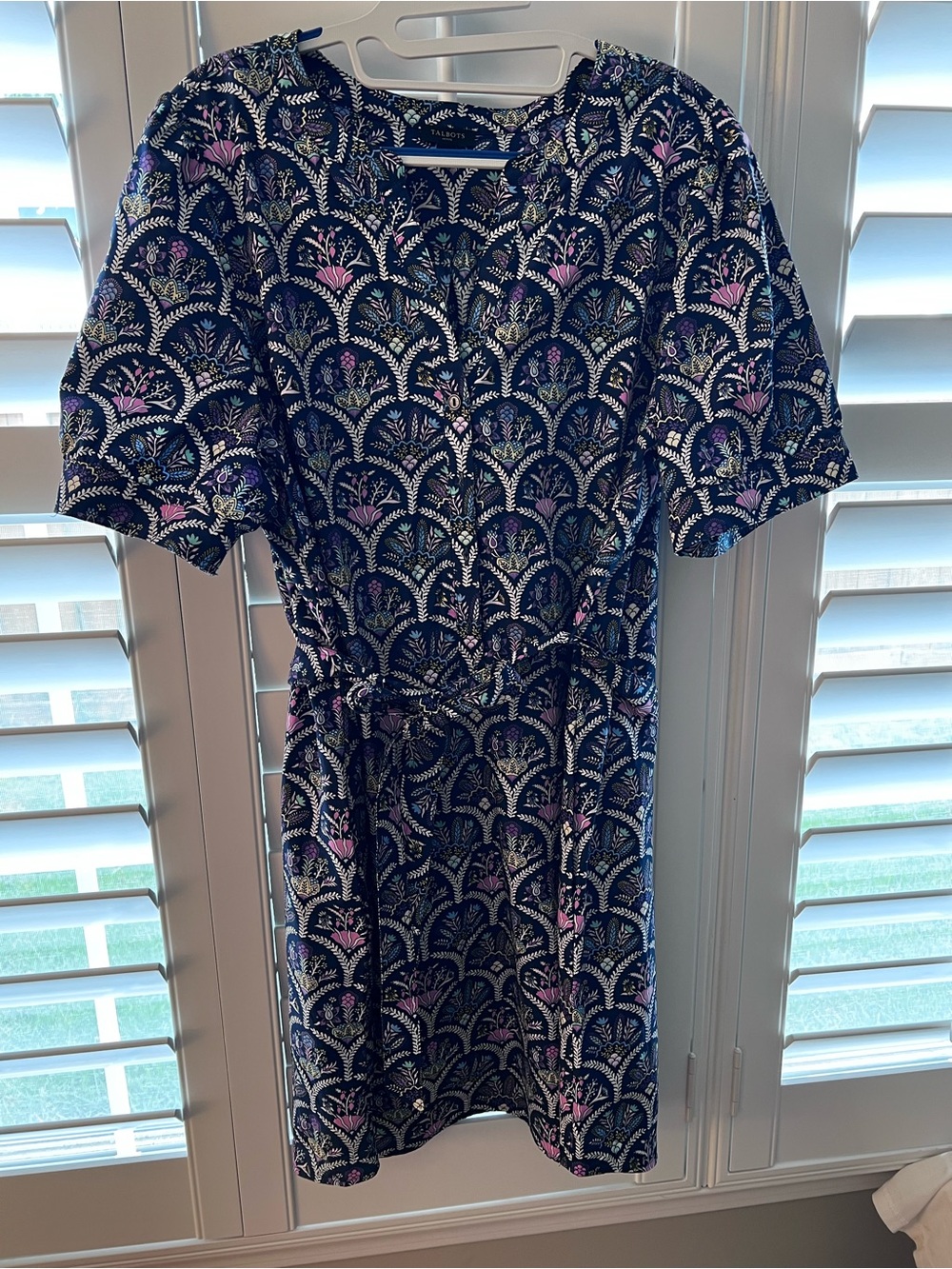 Navy Floral Print Short Sleeve Dress with Tie Waist